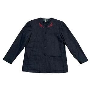 Vintage Orvis Women's Black Floral Embroidered 100% Wool Button Down Coat Size M